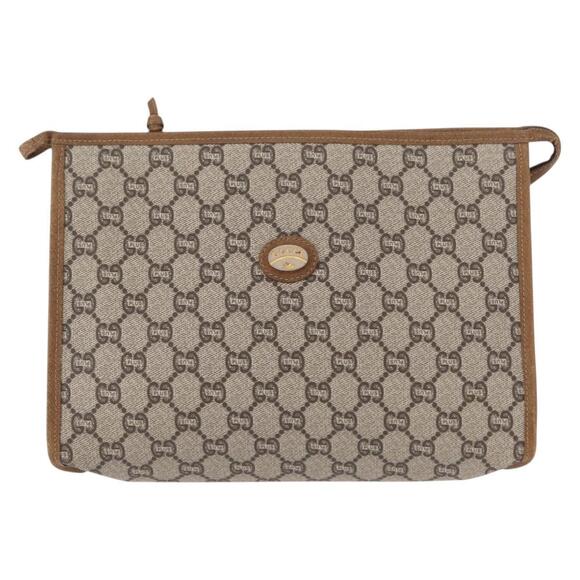GUCCI GG Plus Supreme Clutch Bag PVC Beige Gold Auth bs31131